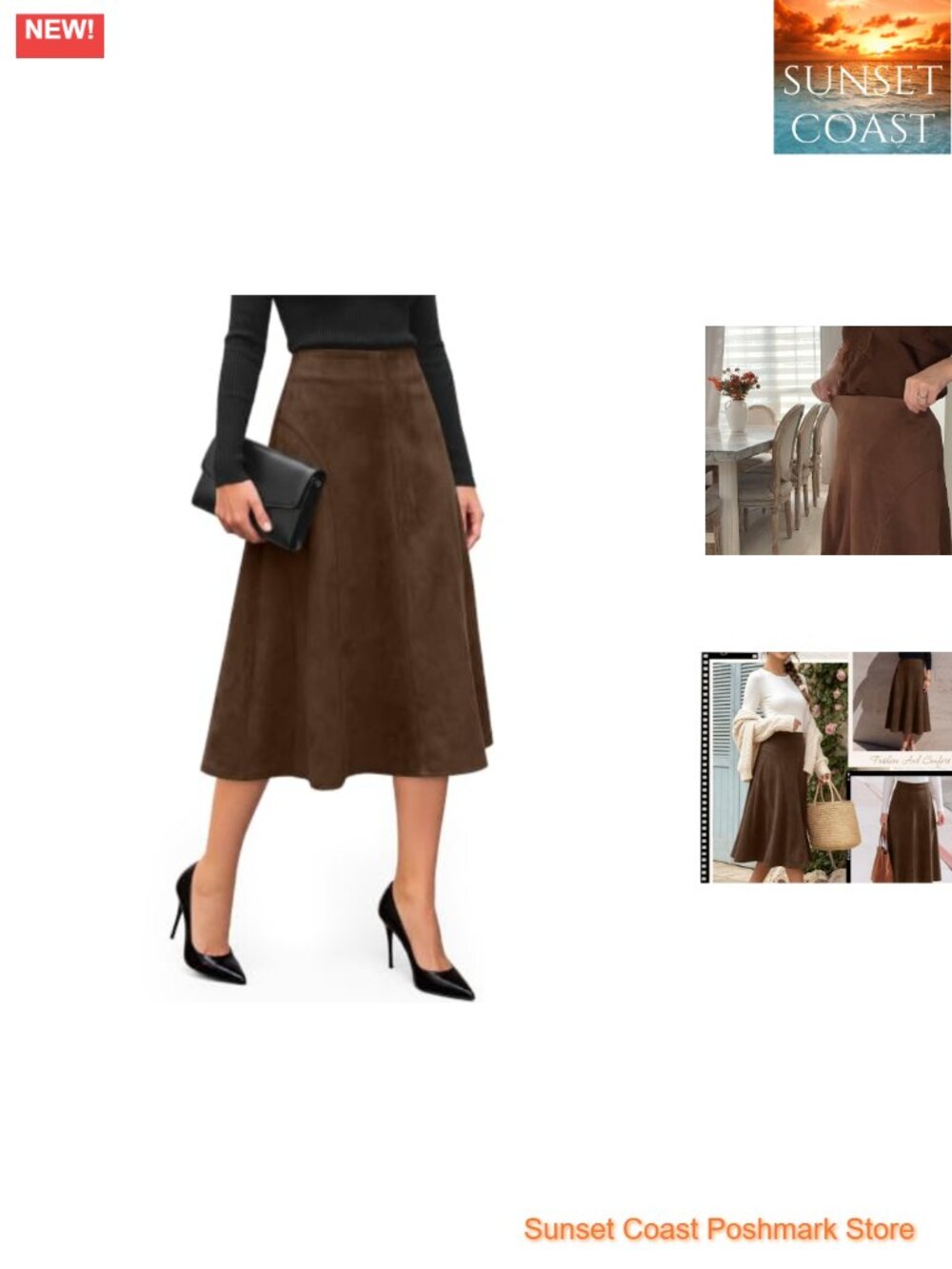 Faux Suede Midi Skirt High Waist A Line for Women